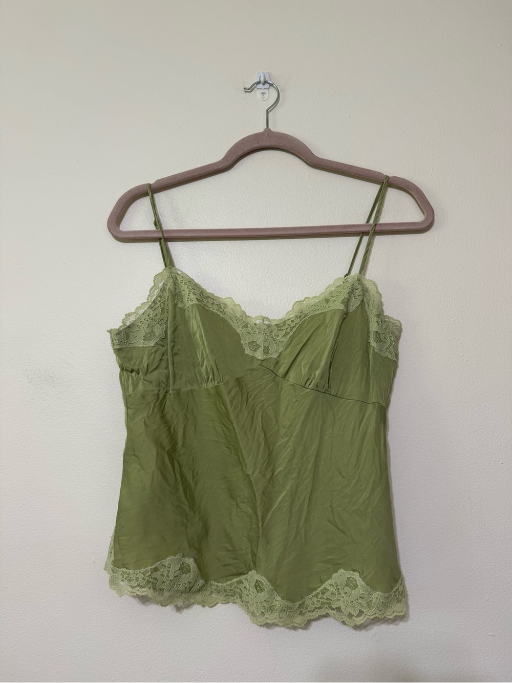 Y2K Ann Taylor Olive Green Lace-Trim Silk Cami